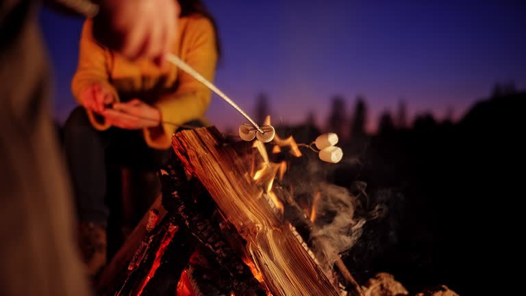 SLO MO Male hand holding a skewer with marshmallow over the campfire at night