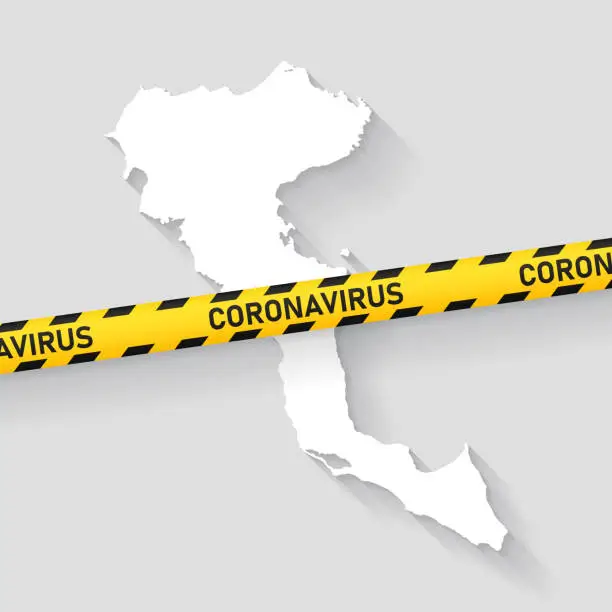 Vector illustration of Corfu map with Coronavirus caution tape. Covid-19 outbreak