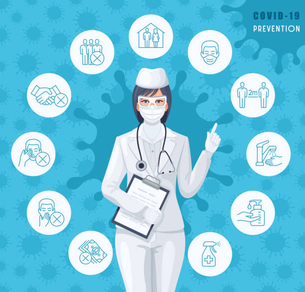 ilustrações de stock, clip art, desenhos animados e ícones de female doctor with covid-19 outbreak prevention icons set. - flu virus hygiene doctor symbol