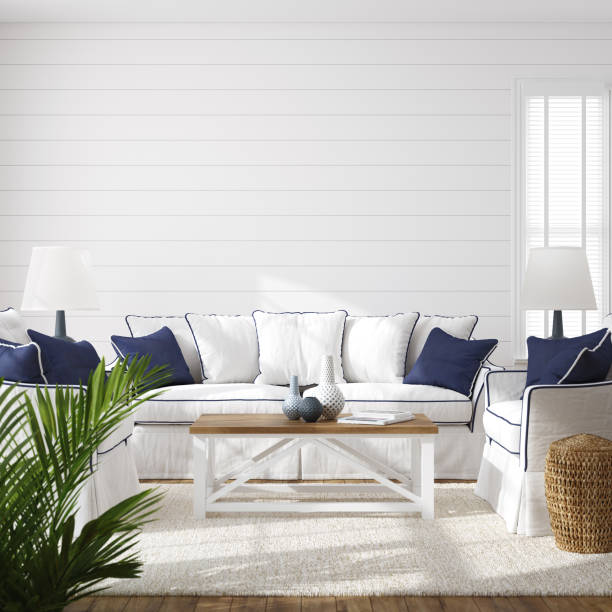 istock Hampton style living room interior, wall mockup 1219054593