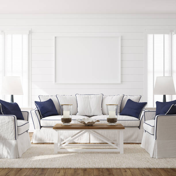 istock Hampton style living room interior with frame mockup 1219054595
