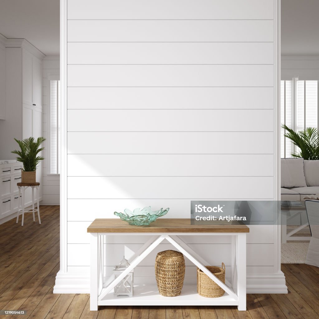 Hampton style living room interior, wall mockup Hampton style living room interior, wall mockup, 3d render Wall - Building Feature Stock Photo