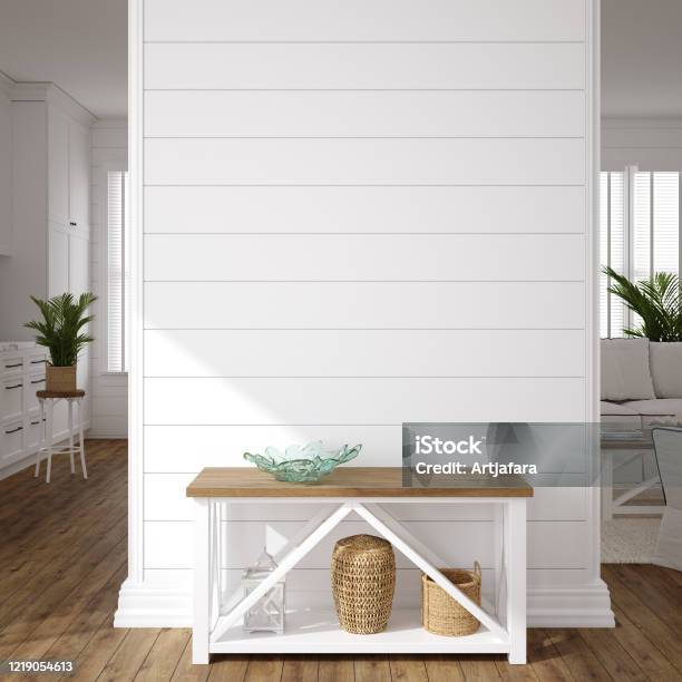 Hampton Style Living Room Interior Wall Mockup Stock Photo - Download Image Now - Wall - Building Feature, Farmhouse, Living Room