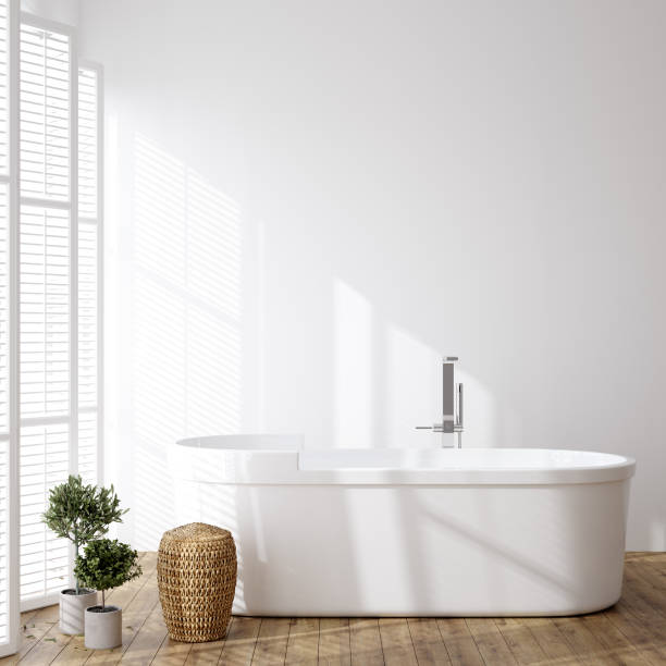 istock Simple cozy bathroom interior background, wall mockup 1219054614