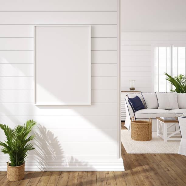istock Hampton style living room interior with frame mockup 1219054620