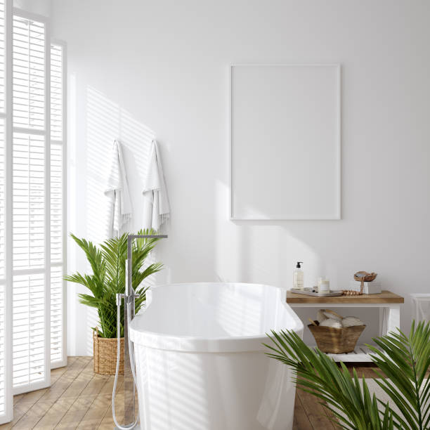 plakat makieta w białym przytulnym tle wnętrza łazienki - bathroom contemporary sparse bathtub zdjęcia i obrazy z banku zdjęć