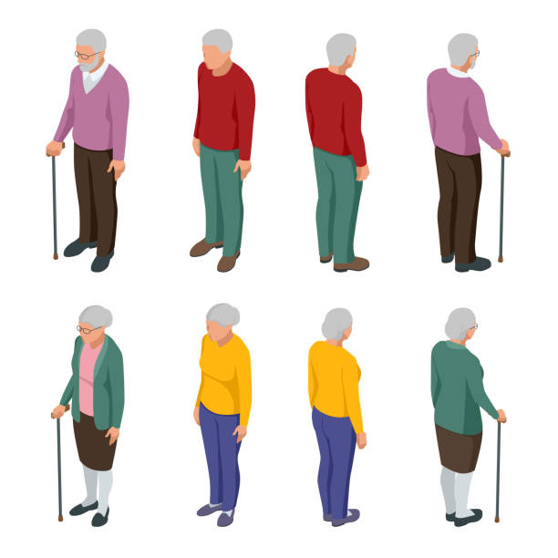 isometrische senior-paar. gruppe von senioren isoliert auf weiß. ältere frau und mann. ältere menschen. großeltern - grandmother standing senior women senior adult stock-grafiken, -clipart, -cartoons und -symbole