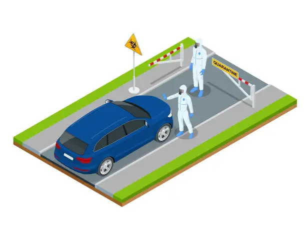 Vector illustration of Isometric street of city under quarantine. Coronavirus - staying and working at home. Closed borders policeman blocking road Pandemic prevention.