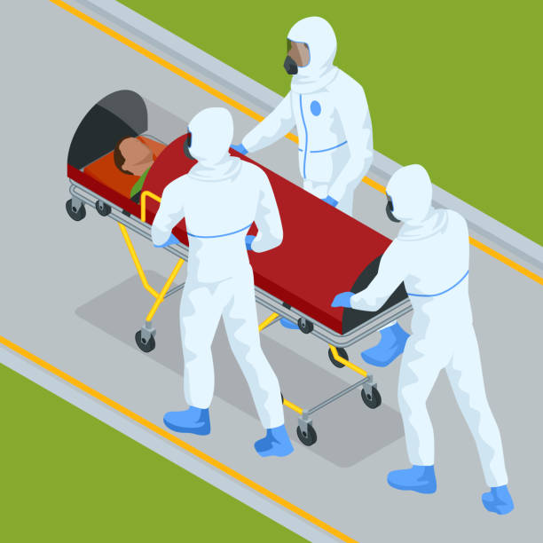 isometrische ambulanz notfall sanitäter tragen patient in stretcher. medizinischer notdienst. - notaufnahme arzt europäisch stock-grafiken, -clipart, -cartoons und -symbole