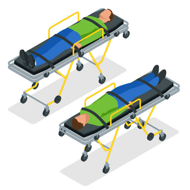 izometryczny zestaw noszy gurney lub kołowych izolowanych na białym. opieka zdrowotna, reanimacja, pogotowie ratunkowe i koncepcja medycyny - emergency room accident hospital emergency sign stock illustrations