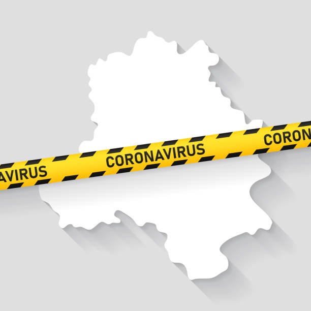 Delhi map with Coronavirus caution tape. Covid-19 outbreak Map of Delhi with a coronavirus warning tape (COVID-19, 2019-nCoV) isolated on a gray background. The map is white with a long shadow effect and in a flat design style. Conceptual image: coronavirus outbreak on the territory, coronavirus detected, closing of borders, area under control, stop coronavirus, quarantined area, spread of the disease, virus alert, danger zone, confined space. Vector Illustration (EPS10, well layered and grouped). Easy to edit, manipulate, resize or colorize. old delhi stock illustrations