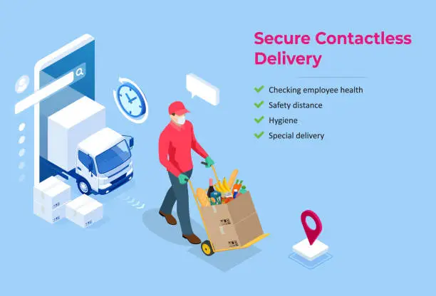 Vector illustration of Isometric delivery man or courier in a medical mask and gloves delivering food to customer at home. Online purchases during a quarantine. Contactless or to the door delivery.