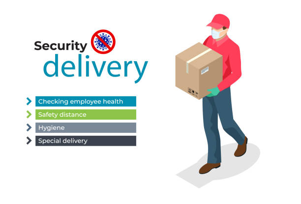 Isometric Delivery man holding cardboard boxes in medical rubber gloves and mask. Online shopping and Express delivery. Quarantine epidemic Isometric Delivery man holding cardboard boxes in medical rubber gloves and mask. Online shopping and Express delivery. Quarantine epidemic. restaurant masks stock illustrations