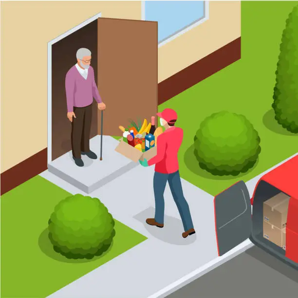 Vector illustration of Isometric contactless deliveryman in a medical mask, gloves delivering food or products to the elderly and people with disabilities at home. Online purchases during a quarantine.