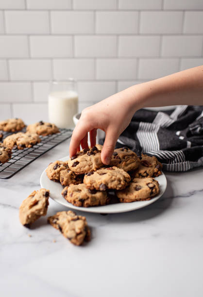 tomar a mano una galleta de chocolate de un plato de los recién horneados. - chocolate chip cookie cookie preparing food chocolate fotografías e imágenes de stock