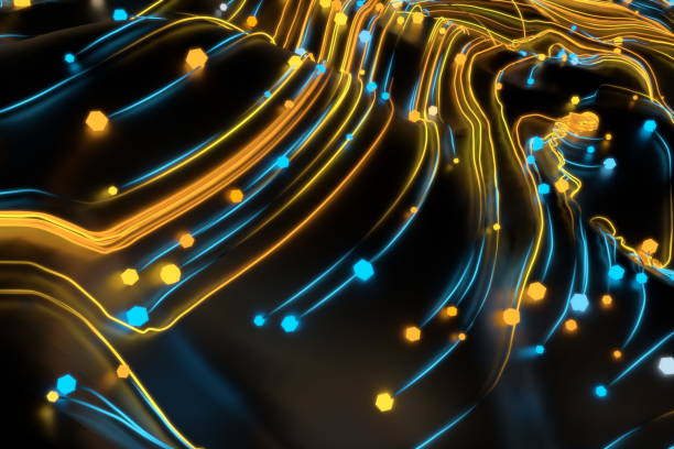 istock Neon glowing twisted cosmic lines on the glossy surface. Turbulence curls flow colorful motion. Fluid and smooth astronomy vortex swirl structure. 3d rendering Abstract creative modern background 1219061858