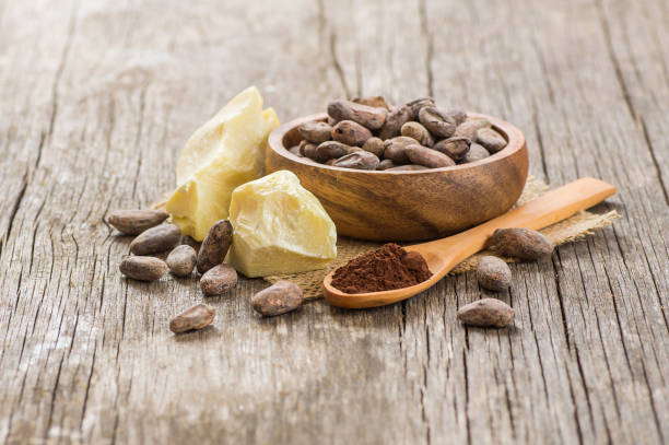 Cocoa butter or Cocoa bean solid oil with cacao powder in spoon and raw cocoa beans in wooden bowl on rustic backdrop, healthy natural oil Cocoa butter or Cocoa bean solid oil with cacao powder in spoon and raw cocoa beans in wooden bowl on rustic backdrop, healthy natural oil cocoa powder stock pictures, royalty-free photos & images