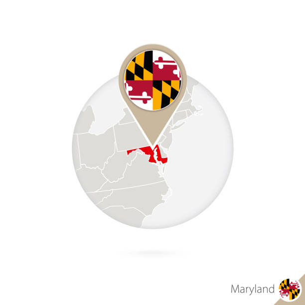 Maryland US State map and flag in circle. Map of Maryland, Maryland flag pin. Map of Maryland in the style of the globe. Maryland US State map and flag in circle. Map of Maryland, Maryland flag pin. Map of Maryland in the style of the globe. Vector Illustration. maryland us state stock illustrations