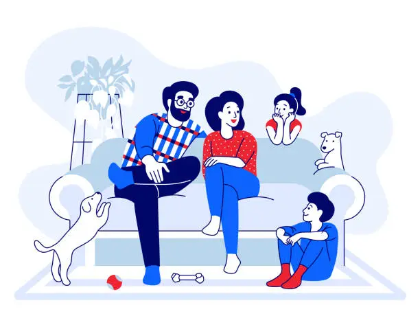 Vector illustration of Family sitting on the couch, talking. Parents, children, mother, father, brother, sister have fun with dogs in modern cozy home. Cartoon and home furnishing vector illustration