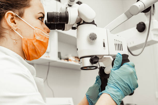 le jeune médecin dentiste de femme regarde par un microscope professionnel dans une clinique dentaire. un docteur dans un masque et un bouchon médicaux jetables. équipement avancé en dentisterie - 5937 photos et images de collection