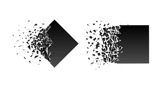 Abstract black explosion isolated on white background. Vector set square destruction shapes with debris. Black square banner with debris and 3d effect of particles. Geometric illustration.