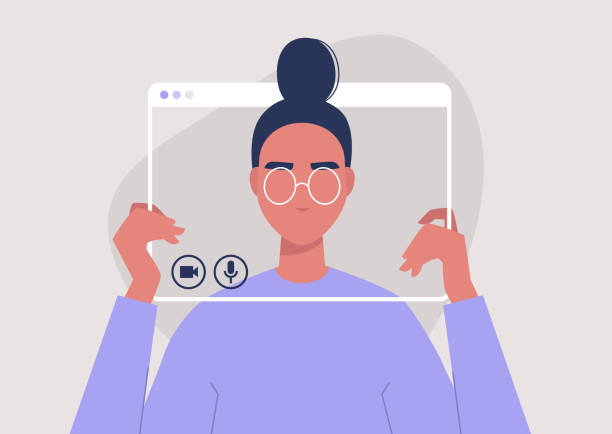 Social distancing communication, young female character holding a video call frame, technology Social distancing communication, young female character holding a video call frame, technology people borders stock illustrations