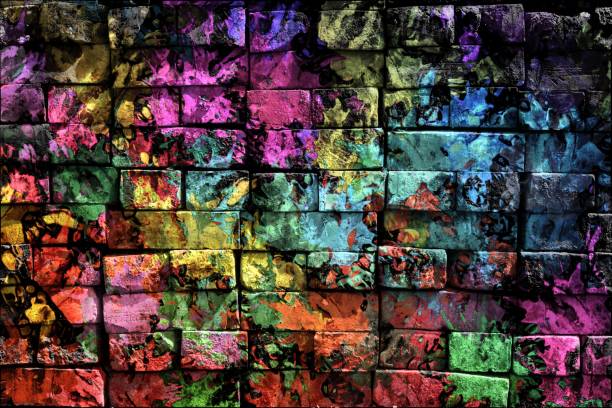 Colorful mysterious world. Virtual graffiti. Abstract image, drawn on a photo of a brick wall. stock photo