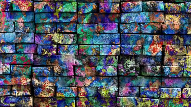 Colorful mysterious world. Virtual graffiti. Abstract image, drawn on a photo of a brick wall. stock photo