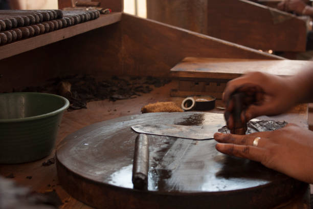 istock Hands wetting the cigar to sculpt it manual process 1219070450