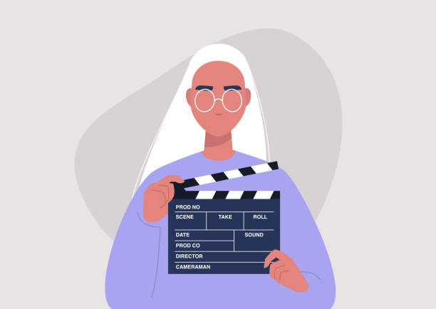 ilustraciones, imágenes clip art, dibujos animados e iconos de stock de producción de películas, personaje femenino joven sosteniendo un tablero de aplausos, industria del video - bufonear