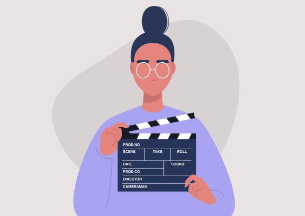 영화 제작, 클래퍼 보드를 들고 젊은 여성 캐릭터, 비디오 산업 - 익살스러운 코메디 stock illustrations