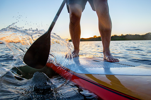 Detail of a man on stand up paddle board. Stand up paddler at sunset, paddle board sport. A tourist practicing a water sport during his vacations.