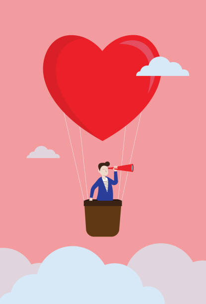 illustrations, cliparts, dessins animés et icônes de un homme retient un télescope sur un ballon de forme de coeur - valentines day romance boyfriend vertical