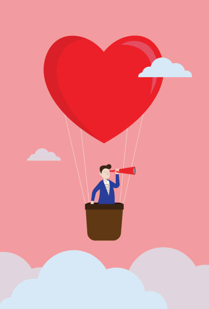 mężczyzna trzyma teleskop na balonie w kształcie serca - heart shape pink background cartoon vector stock illustrations