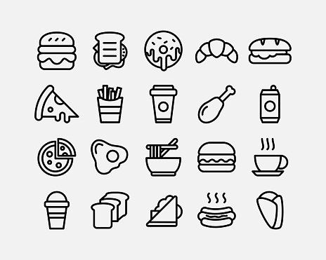 Fast food and drink icons set vector line style, editable stroke