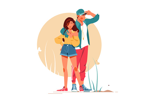 Girl and boy posing in stylish outfits vector illustration. Couple standing together flat style. Outdoors walk and leisure concept. Isolated on white background