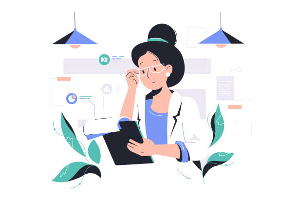 Smart woman working with data Smart woman working with data vector illustration. Female accountant holding clipboard in office flat style. Business and finance concept. Isolated on white background business woman dress up stock illustrations