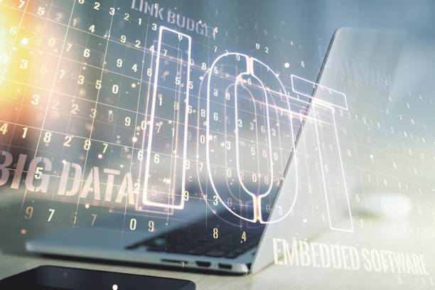 istock Creative IOT hologram on modern laptop background, internet of things concept. Multiexposure 1219087676