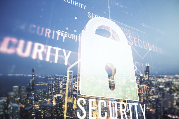 istock Virtual creative lock illustration with microcircuit on Chicago cityscape background, cyber security concept. Multiexposure 1219089167