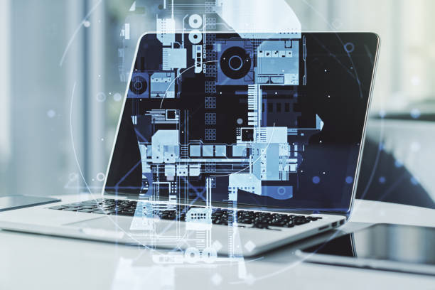 istock Double exposure of creative artificial Intelligence symbol with modern laptop on background. Neural networks and machine learning concept 1219089207