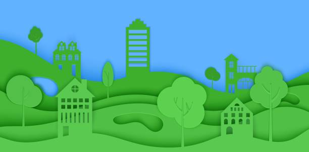 istock Cutout paper trees and building green wave and blue sky. Template in cut paper style for save the Earth posters, city ecology brochures, ienvironmental Protection. Vector horizontal illustration 1219092246