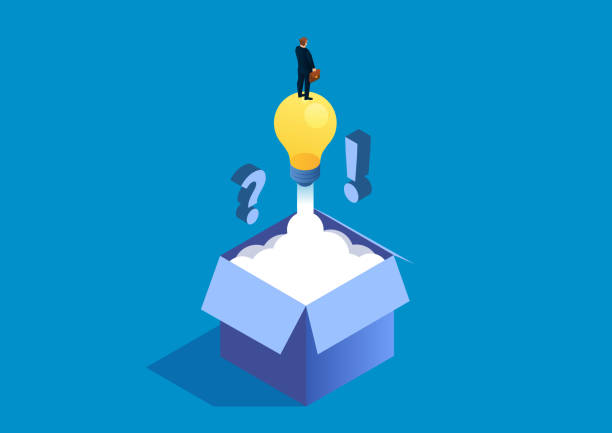 Come up with a solution, businessman standing on the light bulb and flying out of the box Come up with a solution, businessman standing on the light bulb and flying out of the box isometric question mark stock illustrations