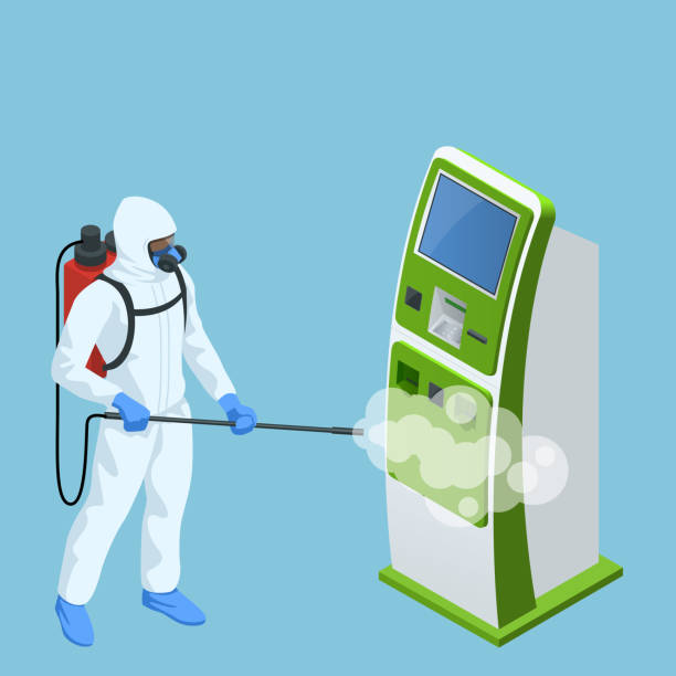 Isometric man wearing a protective suit disinfects online payment systems and self-service payments terminals with spray gun. Virus pandemic COVID-19. Prevention against Coronavirus disease COVID-19. Isometric man wearing a protective suit disinfects online payment systems and self-service payments terminals with spray gun. Virus pandemic COVID-19. Prevention against Coronavirus disease COVID-19 office fogging stock illustrations
