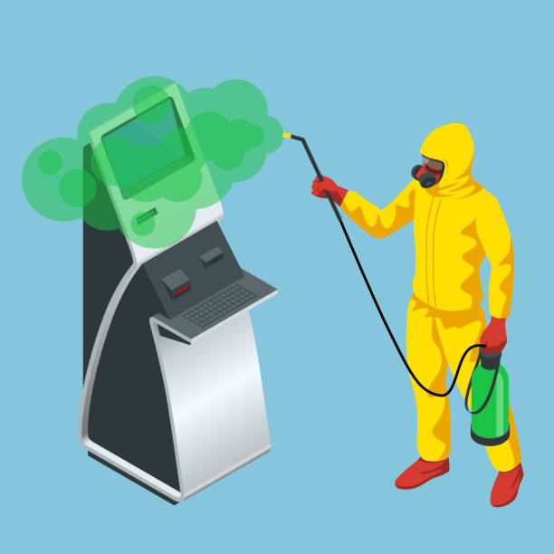 Isometric man wearing a protective suit disinfects online payment systems and self-service payments terminals with spray gun. Virus pandemic COVID-19. Prevention against Coronavirus disease COVID-19. Isometric man wearing a protective suit disinfects online payment systems and self-service payments terminals with spray gun. Virus pandemic COVID-19. Prevention against Coronavirus disease COVID-19 office fogging stock illustrations