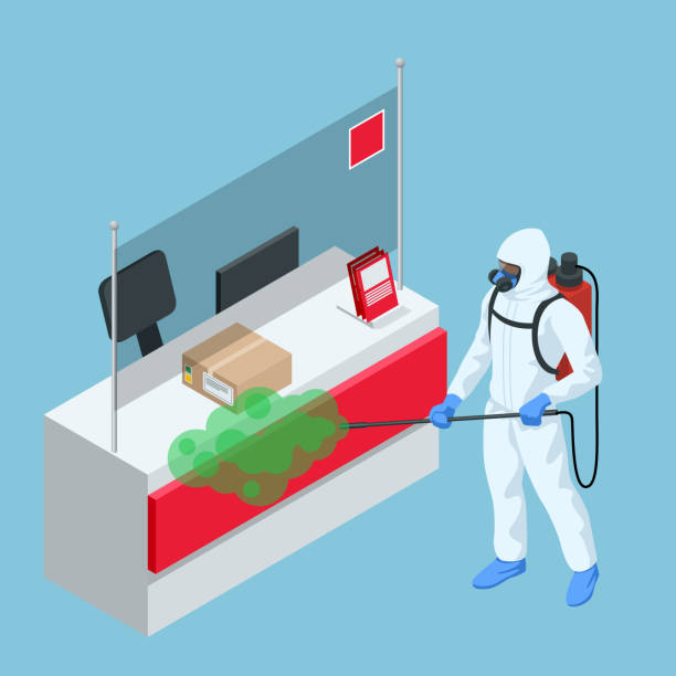 Isometric man wearing a protective suit disinfects Post Office with a spray gun. Virus pandemic COVID-19. Prevention against Coronavirus disease COVID-19. Isometric man wearing a protective suit disinfects Post Office with a spray gun. Virus pandemic COVID-19. Prevention against Coronavirus disease COVID-19 office fogging stock illustrations