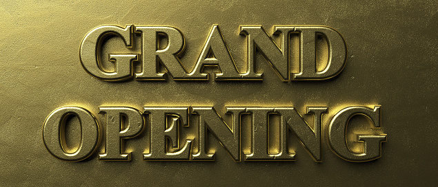 Grand opening, inauguration concept. Inflated gold color text on luxury golden background, texture, banner. 3d illustration
