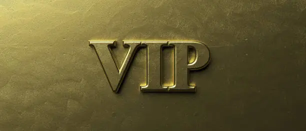 Photo of Vip very important person, inflated gold color text on luxury golden background 3d illustration