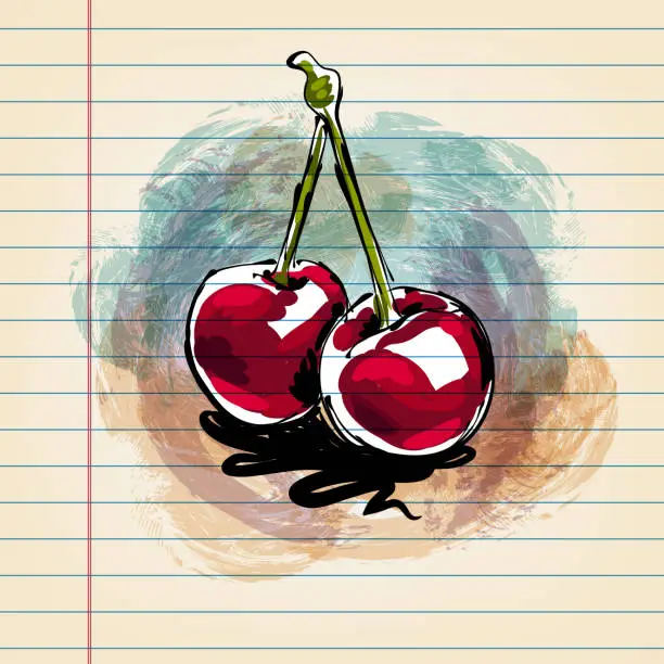 Vector illustration of Cherry  Drawing on Ruled Paper