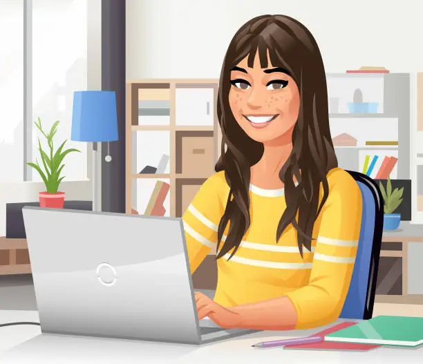 Vector illustration of Young Woman Using Laptop At Home