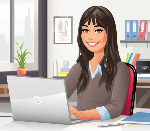 Vector illustration of Young Woman Working On Laptop In Office